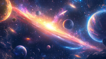 This fun and colorful picture shows a galaxy with planets, stars, and comets. It's a great way to add some excitement to your artwork.