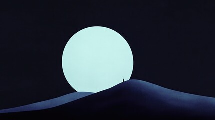 Minimal art, a lone man is standing on a hilltop, gazing at the bright moon in the dark night sky