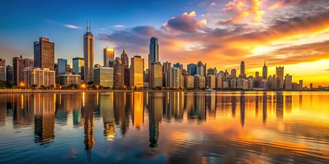 Panoramic photograph of the Chicago skyline at dusk, capturing the nuances of golden hour with warm tones and precise reflections on Lake Michigan.
