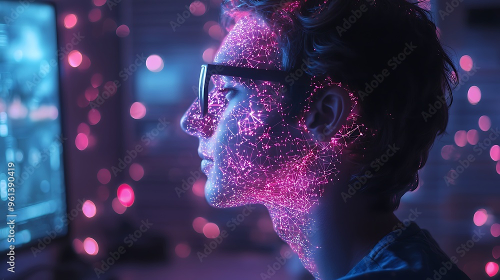 Poster a man�s face illuminated by neon lights as he focuses on a computer screen, reflecting modern techno
