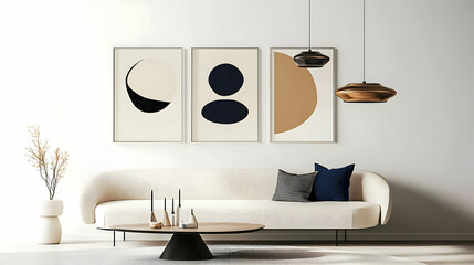 A modern living room featuring abstract art and minimalist furniture.