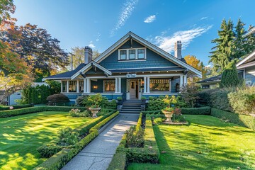 Elegant craftsman bungalow with lush green lawn, trimmed hedges, classic wooden porch, and white trim under a clear blue sky, showcasing traditional architecture and vibrant colors.