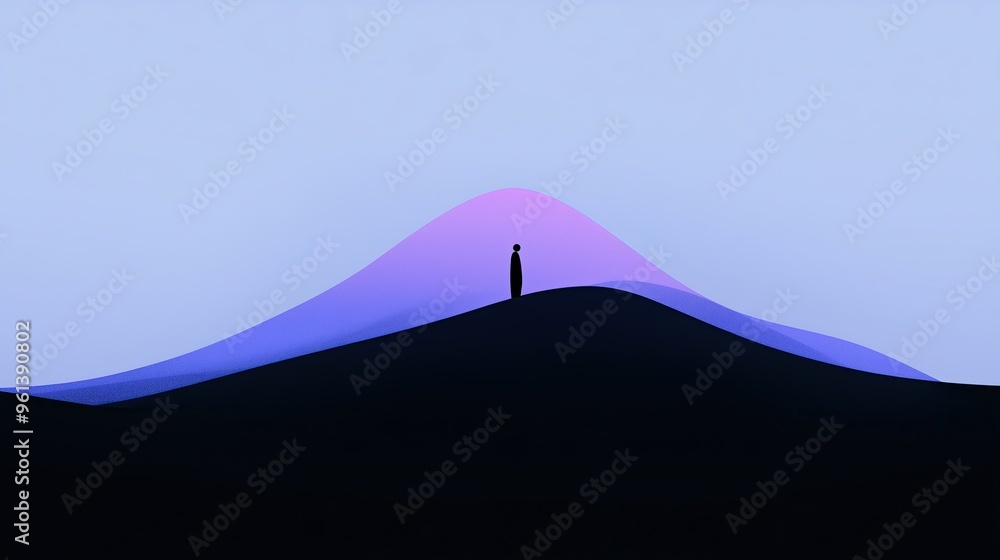 Wall mural Minimal art, a lone man is standing on an abstract mountain peak looking at the horizon at sunset