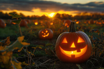 Carved pumpkin with a lit candle inside is sitting in a field of pumpkins at sunset