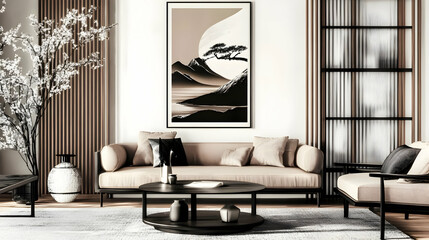 A modern living room featuring minimalist decor, art, and natural elements.