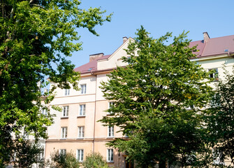 Apartment Building with Trees on a Sunny Day in the city of Lviv, Ukraine