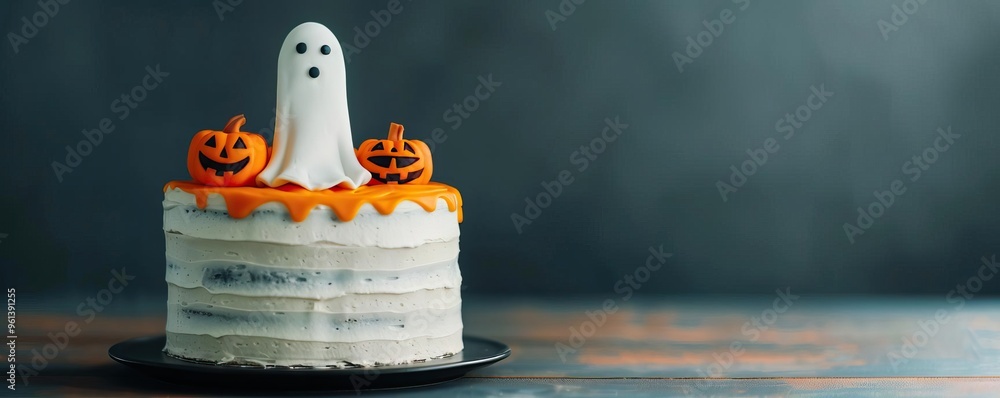 Wall mural Close-up of a Halloween cake with ghost and pumpkin decorations, October culinary delight, empty space for text on left