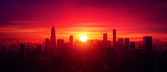 Fototapeta premium Stunning sunset over a city skyline, with vibrant colors blending into a beautiful evening sky.