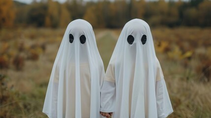 Children in ghostly outfits sharing Halloween treats, haunted night, nocturnal vibe, editorial shot, empty copy space for text
