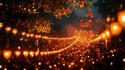 Fototapeta premium A magical night scene filled with glowing lanterns illuminating a pathway leading to a majestic temple.