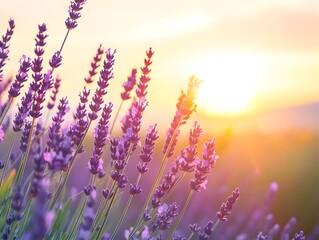 Obraz premium Vibrant Lavender Field Bathed in Golden Sunrise for Calming Bathroom Atmosphere