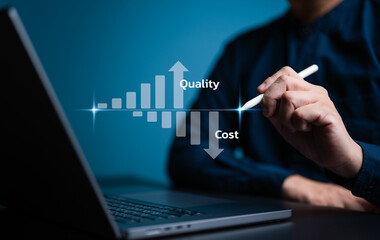 Product or service quality management control concept. Businessman showing cost with down chart and...