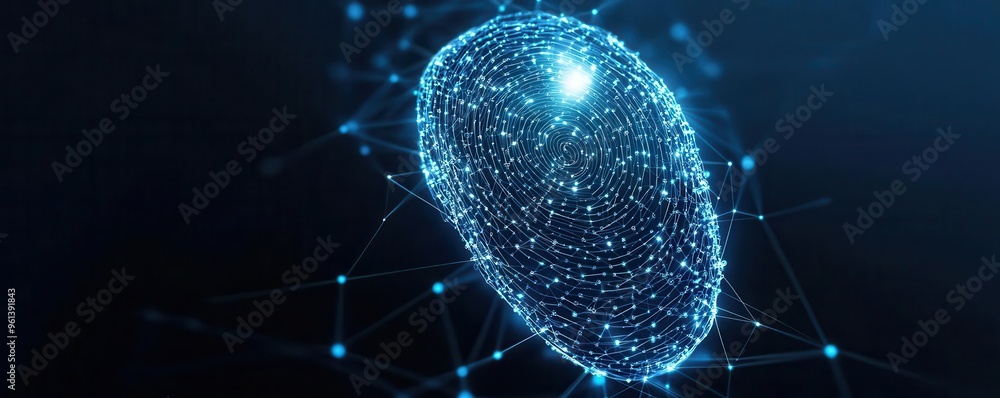 Poster fingerprint composed of tiny digital nodes and connections, biometric data, network security concept