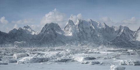 Majestic snow-covered mountain range in serene winter landscape scene