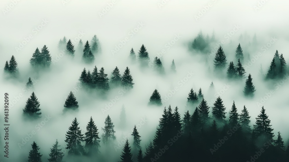 Sticker misty forest trees landscape nature aerial view