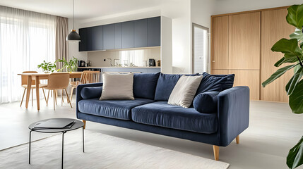 Fototapeta premium A modern living room with a navy sofa, dining area, and kitchen in a bright, open space.
