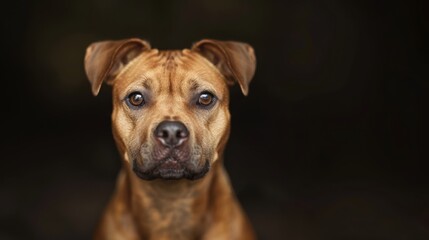  Up-close image of a dog's expressive face against a black backdrop