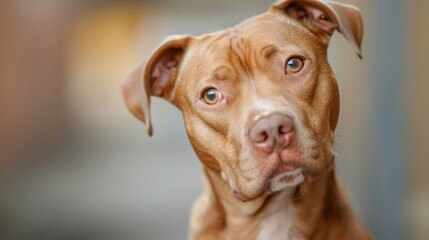  A tight shot of a poised dog's expressive face against a softly blurred backdrop, featuring indistinct elements such as a wall