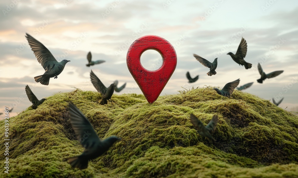 Aufkleber green field concept with a red map pointer icon. a green field with a location pin icon.