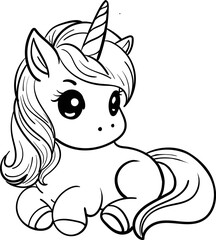 Cute cartoon unicorn coloring page children vector illustration. Fantastic animal. Black and white linear image.
