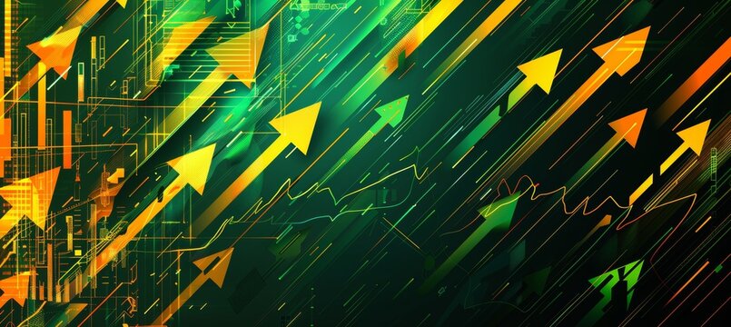Abstract Green and Yellow Arrows, Diagonal Lines, and Geometric Shapes on a Black Background