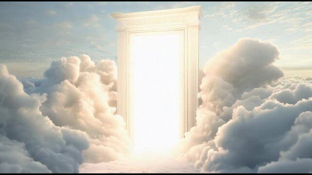 Gateway to the Divine: A radiant white door emerges from the clouds, bathed in ethereal light, inviting viewers to contemplate a realm beyond. This awe-inspiring image evokes a sense of wonder, hope, 