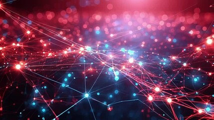Network of connections is forming and growing, glowing in red and blue light on a dark background. This digital art illustration is ideal for technology and finance concepts