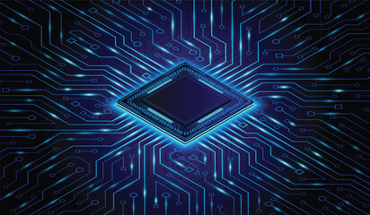 CPU Chip on Motherboard. Central Computer Processors CPU concept. Quantum computer large data processing database concept. Futuristic microchip processor. AI chip background with circuit light. 