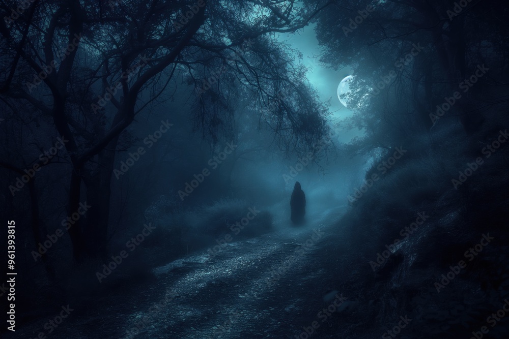 Poster mysterious figure is walking on a path in a dark forest illuminated by the moonlight, creating a spo