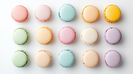 Obraz premium Colorful assortment of macarons and macaroons stacked on a white background