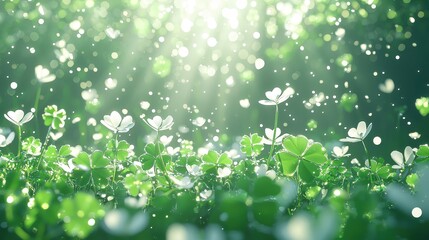 Fototapeta premium Green Clover Flowers In Sunlight Bokeh Background