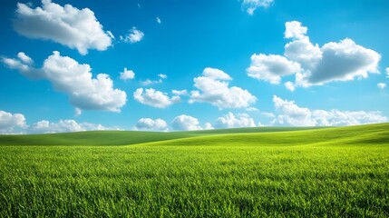 Fototapeta premium Green hills and fluffy clouds under a bright blue sky