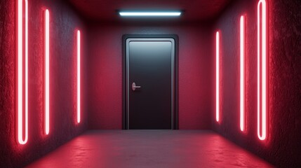 Dark corridor with glowing neon accents, cyberpunk-inspired setting, 3D illustration
