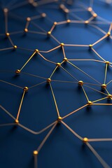 Dynamic network of glowing blue nodes and lines, advanced technology visualization, gold theme, 3D illustration