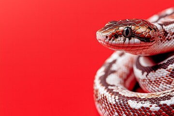 Obraz premium Close-up of a snake on a striking red background. Year of the Snake background. 