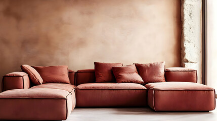 A modern, cozy sofa in a warm-toned interior setting.