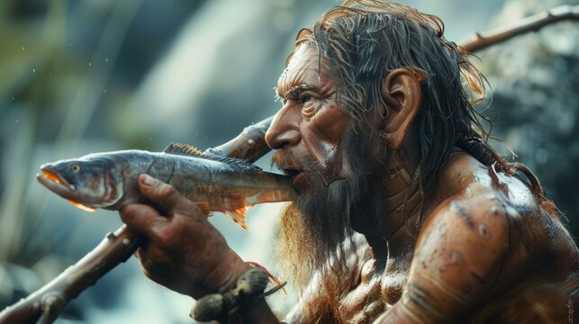 A prehistoric man skillfully catches fish by a river, demonstrating ancient techniques amidst a vibrant, green landscape under sunny skies