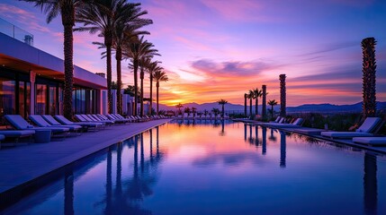 Obraz premium A serene poolside view at sunset with palm trees and vibrant sky reflections.