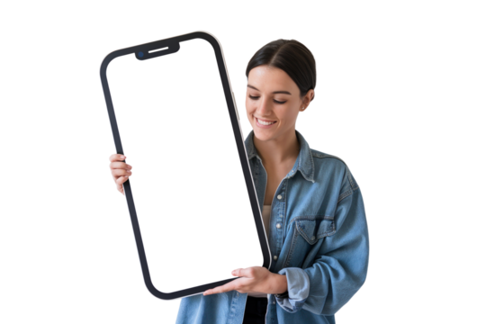 Smiling woman holding oversized smartphone with empty screen isolated on transparent background, smartphone mockup
