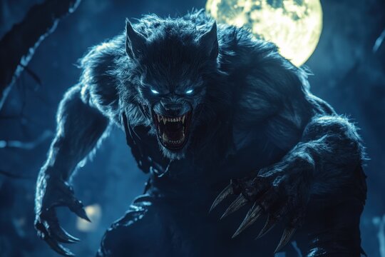 A lycan mid-transformation in a foggy forest, fur blending with the mist, watercolor, muted tones of gray, blue, and hints of crimson, copy space for text