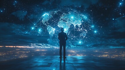 A businessman gazes at a connected world globe, illuminated by city lights in the night sky.