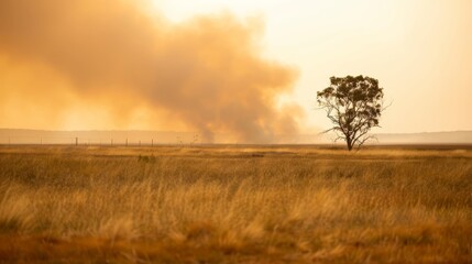 Fototapeta premium A lone tree stands in the foreground of this expansive field In the background, a significant plume of smoke rises into the sky