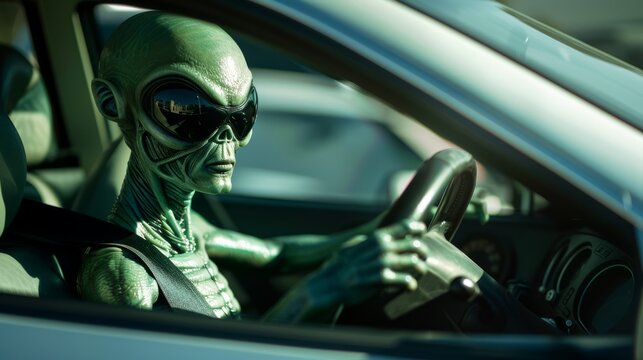 An alien figure with green skin and sunglasses is behind the wheel of a car, navigating through a busy urban environment during daylight