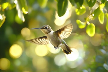 Fototapeta premium Humming Bird Closeup: Detailed Close-up of Cute and Colorful Bird Flying in Los Angeles, California