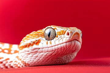 Fototapeta premium Close-up of a snake on a striking red background. Year of the Snake background. 