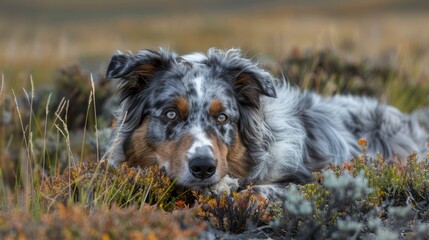 Fototapeta premium A tight shot of a dog reclining in a lush grassfield Flowers dot the foreground, while the background softens into a blur