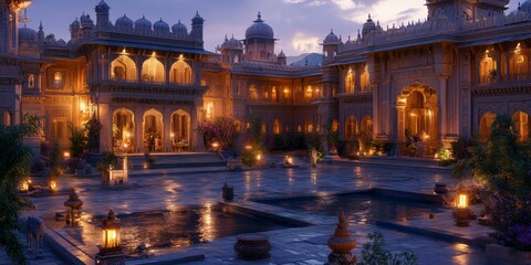 Fototapeta premium Ornate palace courtyard with pool, lit at dusk.