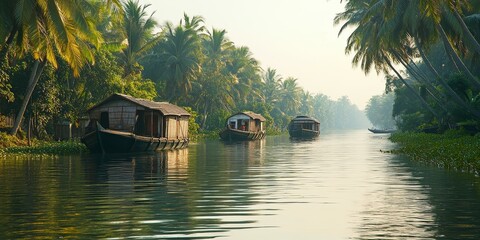 Three houseboats sail through palm trees on a calm river.