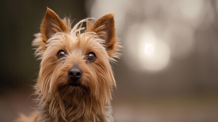  A tight shot of a dog's expressive face, framed by a soft blur of trees and grass in the backdrop