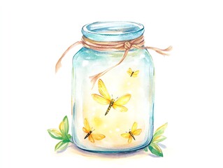 Fireflies glowing softly inside a glass jar, watercolor style, ethereal warm light, isolated on white background